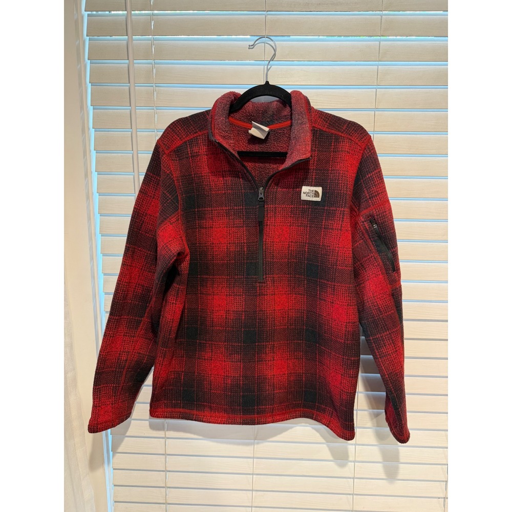The North Face Mens Large Red Black Buffalo Plaid Quarter Zip Fleece Pullover